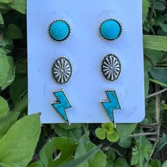 Turquoise Bolt Stud Earrings 3 Pair Set