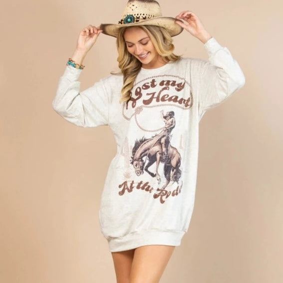Western Rodeo Graphic Sweatshirt Dress in Oatmeal