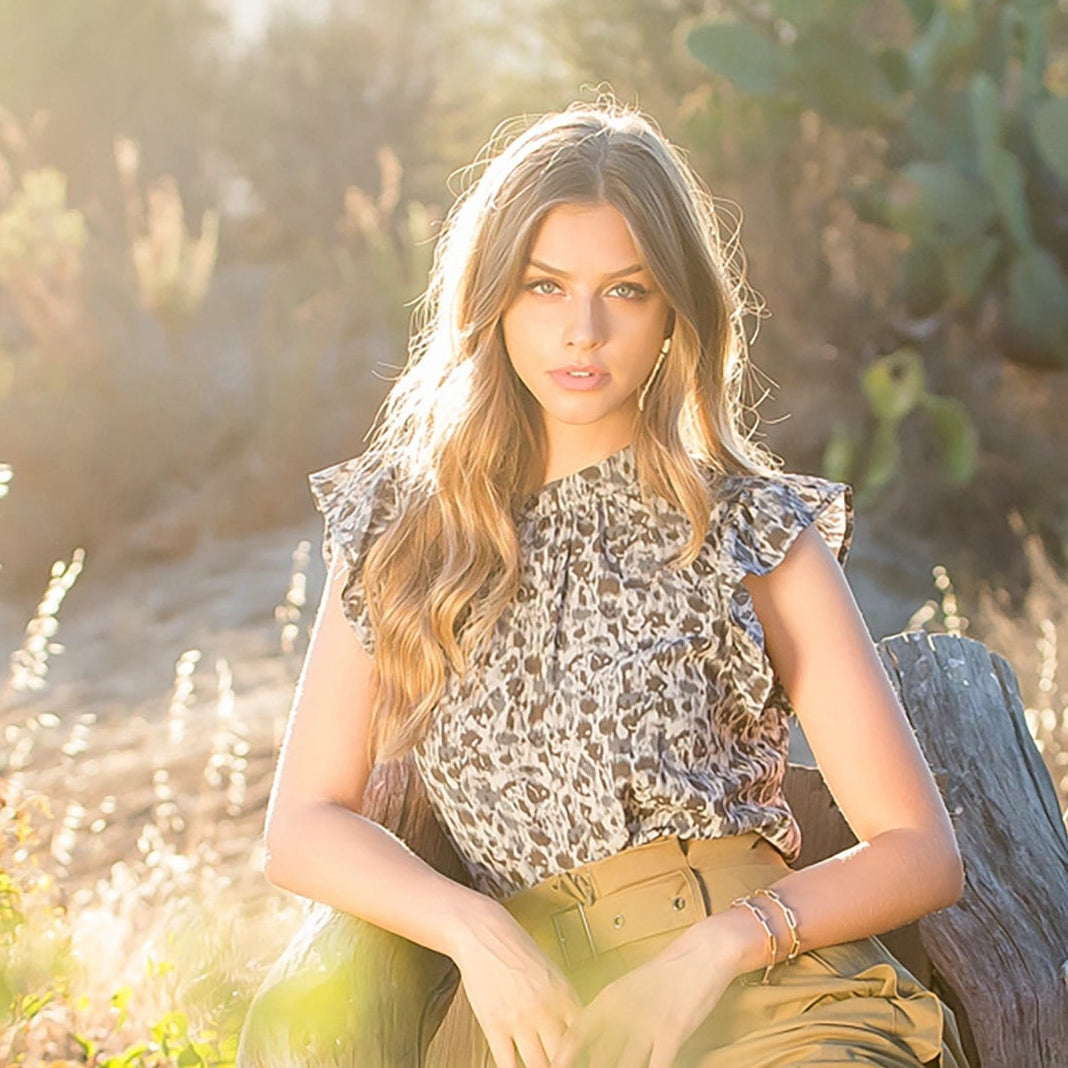 Women's High Neck Ruffle Sleeve Knit Top in Cheetah Green