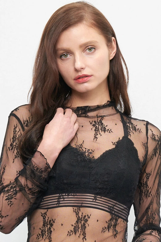 Women's Sheer Jacquard Lace Mesh Long Sleeve Top in Black