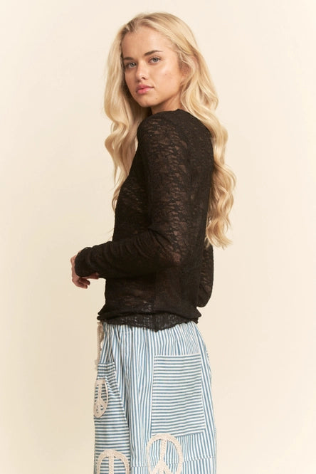 Women's L/S Sheer Floral Lace Mesh Top (3 Color Options) (Available in Plus Sizes)
