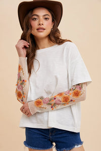 Women's Floral Embroidered Mesh Twofer Sleeve Top in Off White