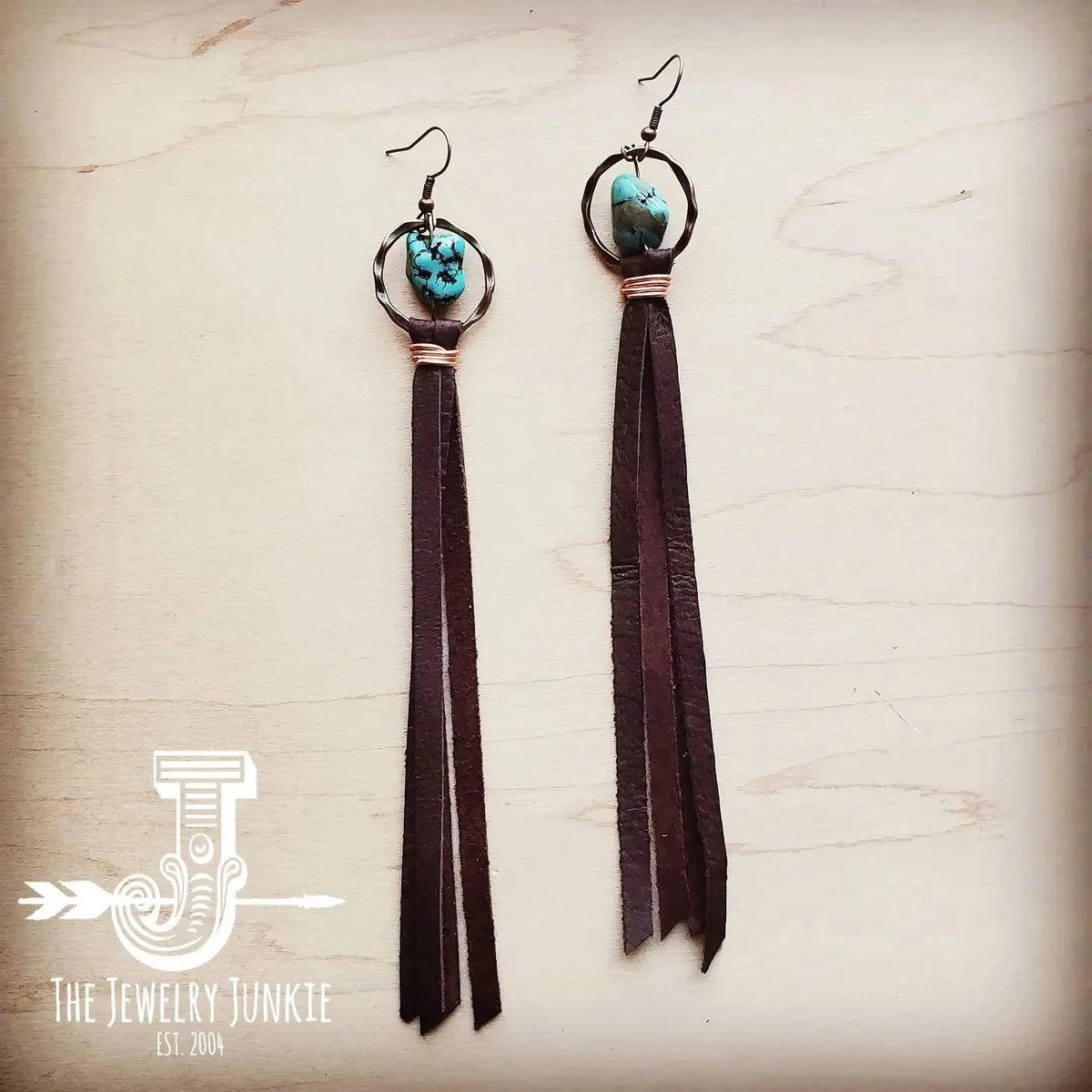 Turquoise Drop Earrings with Brown Leather Tassels