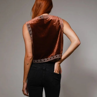 Women's Sleeveless Embroidered Velvet Cropped Vest in Brown