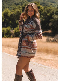Women's L/S Heritage Jacquard Wrap Cardigan in Taupe and Blush