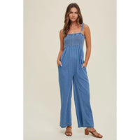 Women's Smocked Bust Denim Jumpsuit in Mid Wash