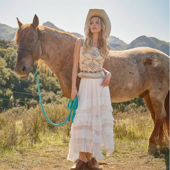 Women's Western Buckle Strap Embroidered Denim Top in Sand