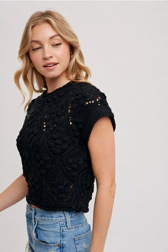 Women's S/S Cropped Crochet Knit Sweater in Black