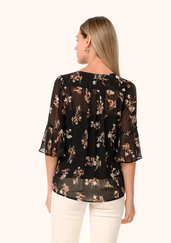 Women's Floral Sheer Button Down Blouse in Black