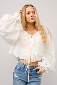 Women's L/S Tie Front Eyelet Embroidered Cropped Blouse in White