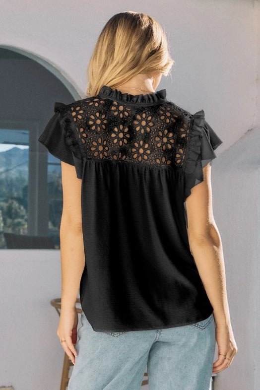 Women's Floral Eyelet Embroidered Yoke Blouse in Black