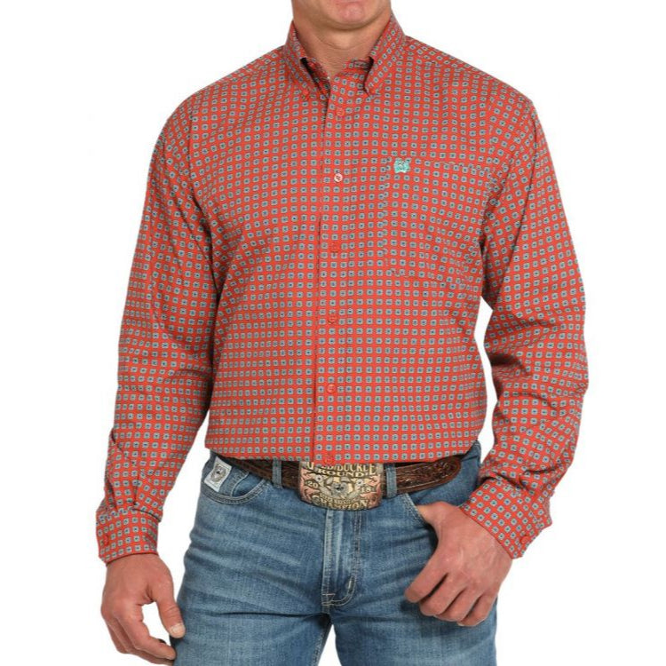 Cinch Men's L/S Classic Fit Medallion Print Western Button Down Shirt in Red