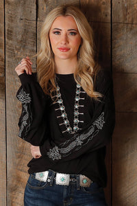 Cruel Women's L/S Western Embroidery Sleeved Sweater Knit Top in Black