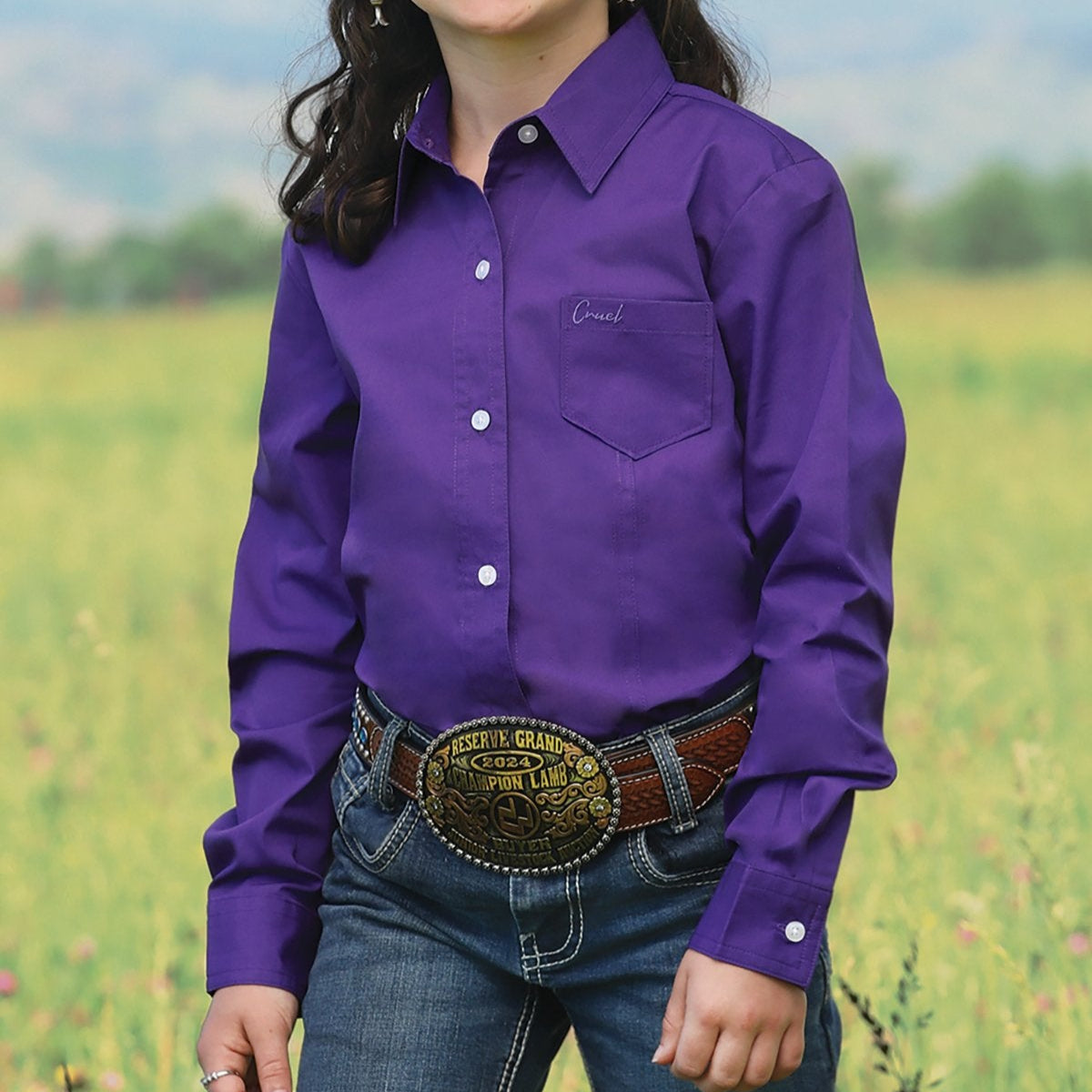 Cruel Girl's Solid Long Sleeve Western Button Down in Purple
