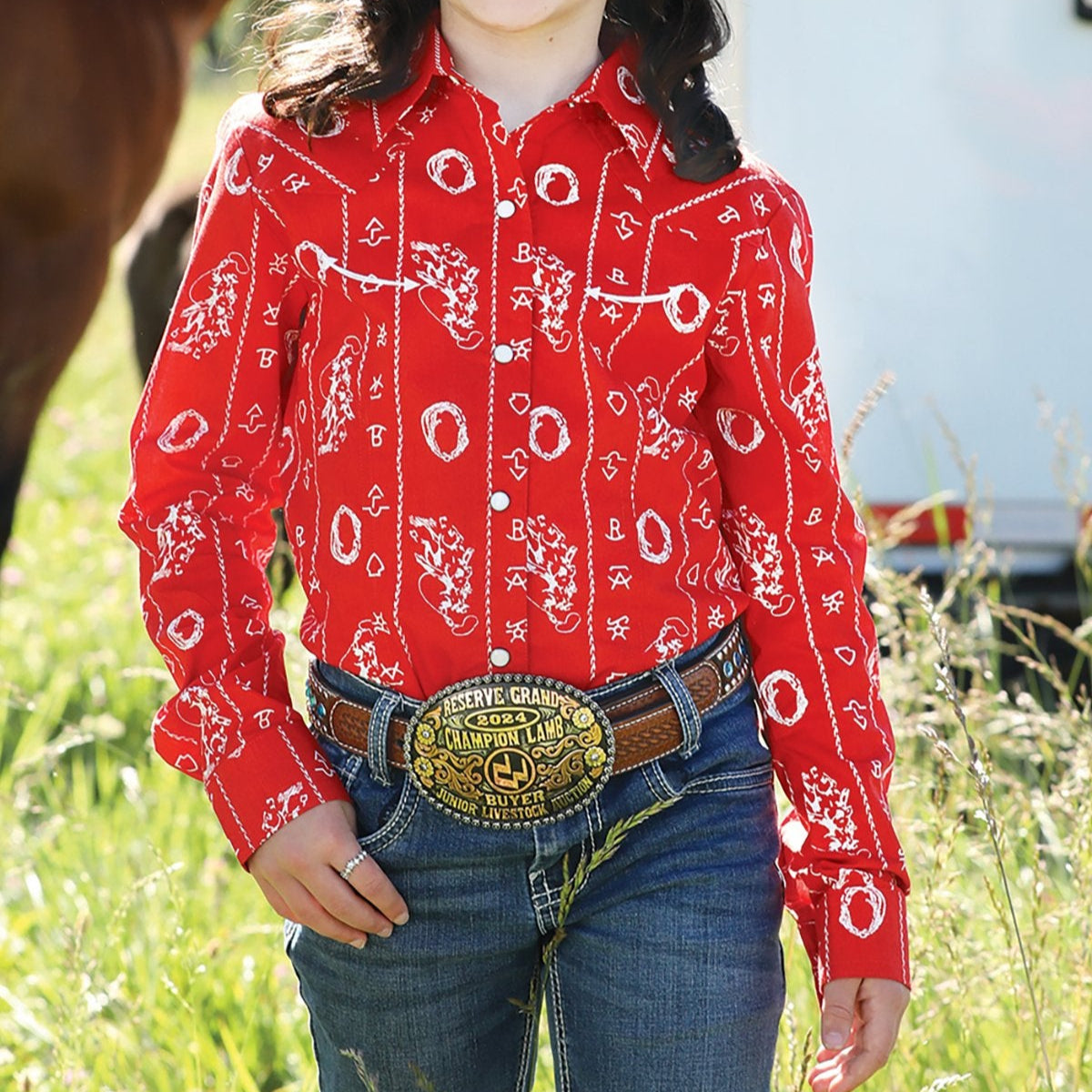 Cruel Girl's L/S Cattle Brand Western Snap Shirt in Red
