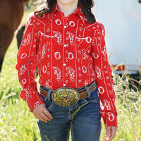 Cruel Girl's L/S Cattle Brand Western Snap Shirt in Red