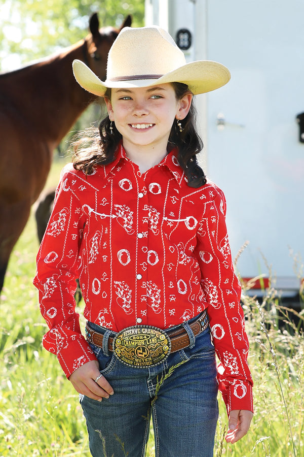 Cruel Girl's L/S Cattle Brand Western Snap Shirt in Red