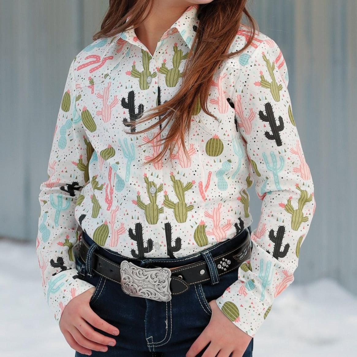 Cruel Girl's Cacti Long Sleeve Western Button Down Shirt in Cream