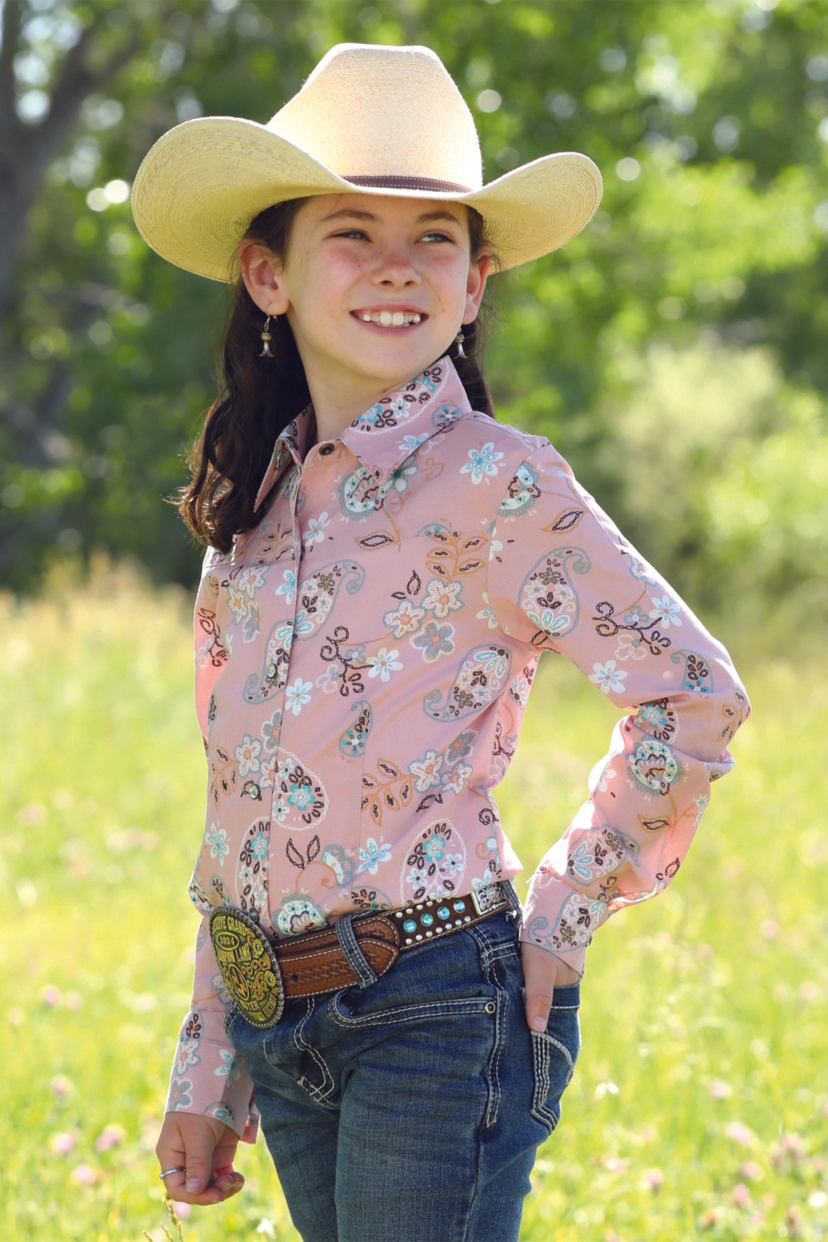Cruel Girl's L/S Floral Print Western Snap Shirt in Pink