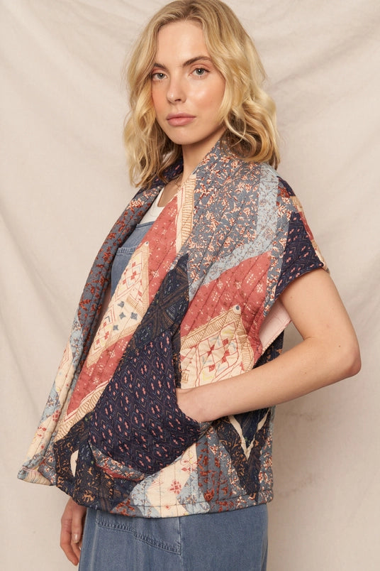 Women's Oversized Open Front Quilted Vest in Multi Print