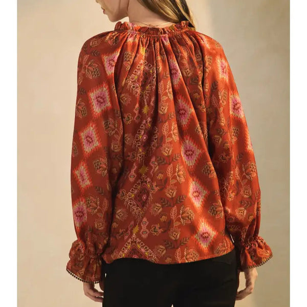 Women's L/S Satin Twill Aztec Print Blouse in Terracotta (Available in Regular and Plus Sizes)