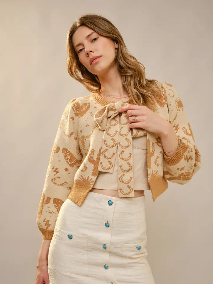 Women's Western Motif Tie Front Cardigan in Taupe