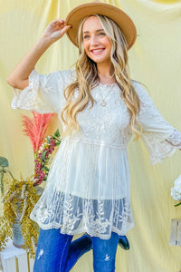 Women's Lined Floral Mesh Tunic Top in Off-White