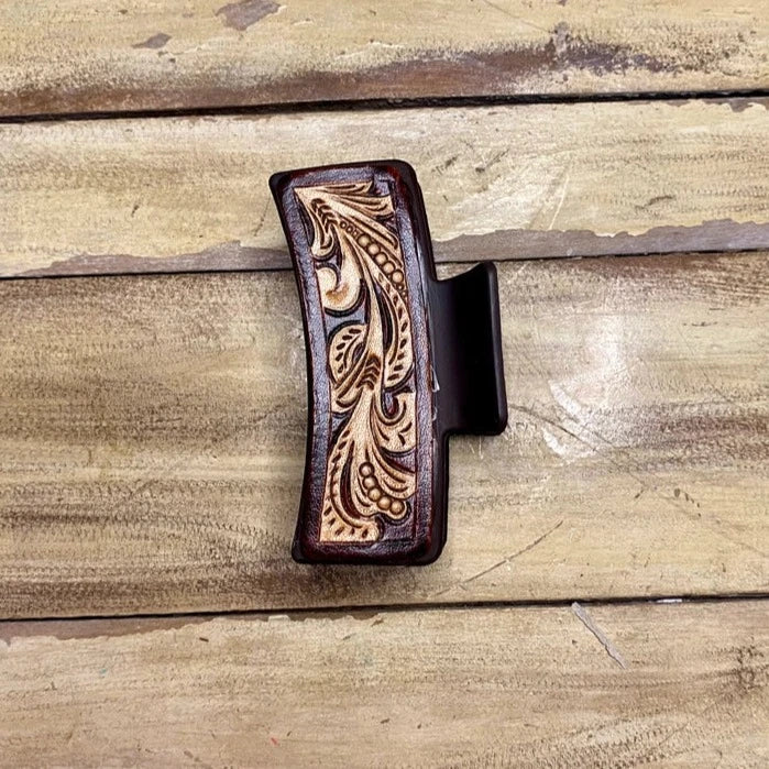 4" Tooled Leather Western Claw Clips