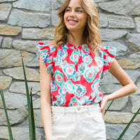 Women's High Neck Ruffle Sleeve Knit Top in Red