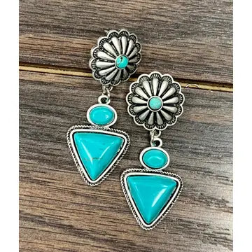 Burnished Silver Turquoise Concho and Arrowhead Post Earrings