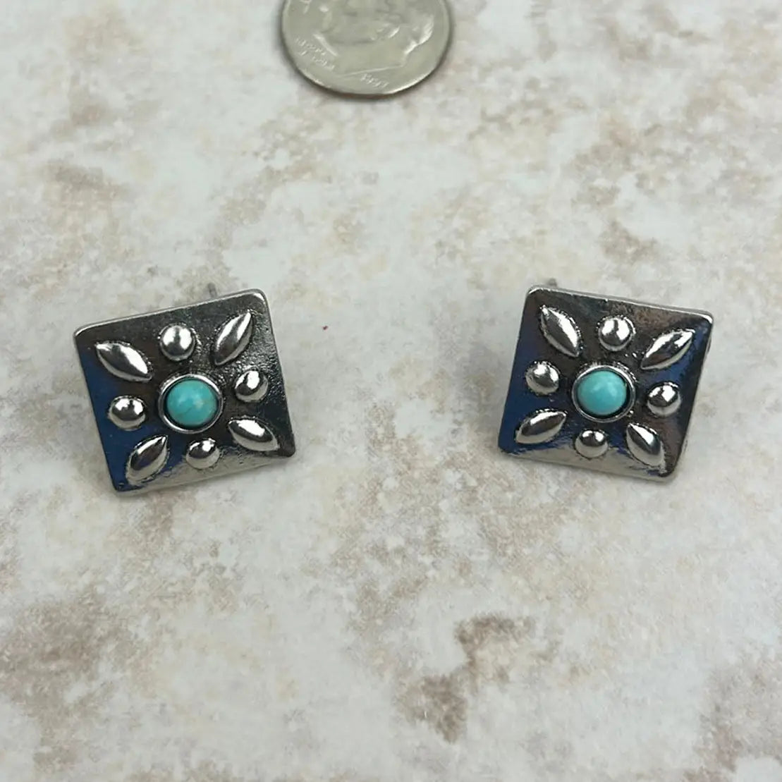 Small Antique Silver & Blue Turquoise Square Concho Stud Earrings