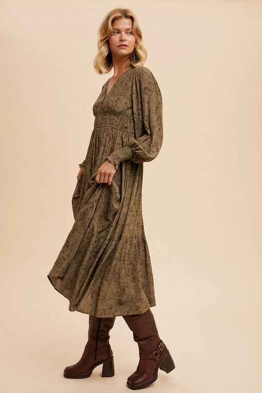 Women's Viscose Floral Long Sleeve Maxi Dress in Olive