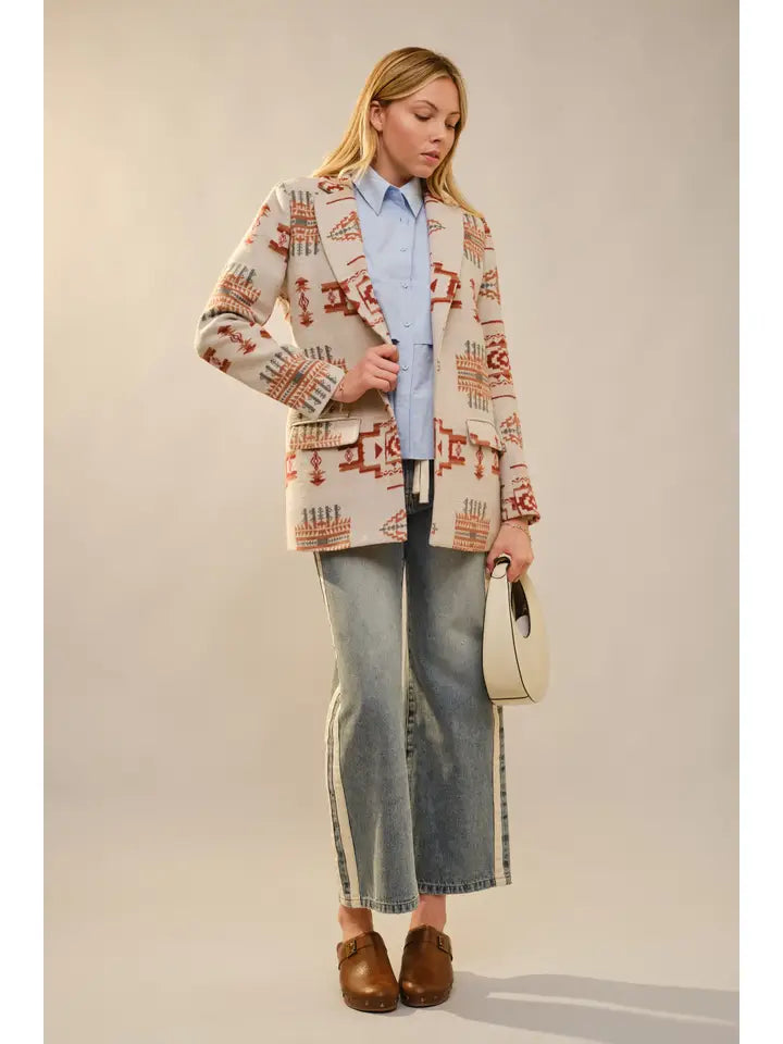 Women's Aztec Pattern Jewel Button Blazer in Taupe