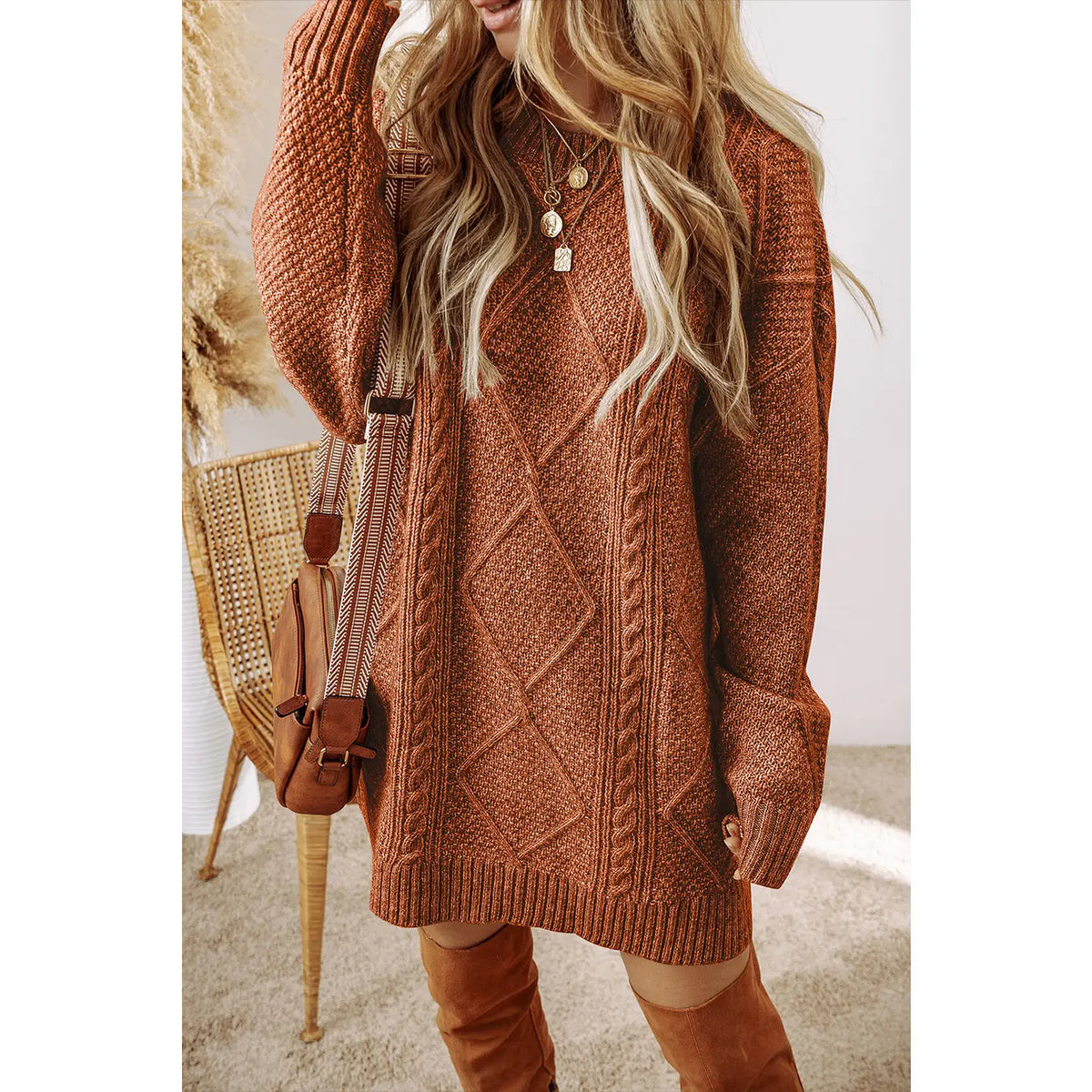 Women's Cable Knit Drop Shoulder Sweater Dress in Copper