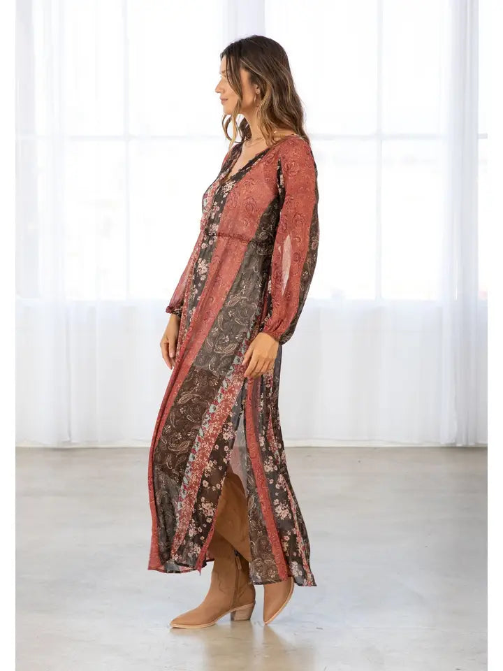 Women's L/S Floral Patchwork Bohemian Maxi Dress in Cinnamon and Brown