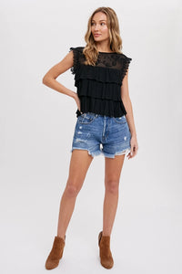 Women's Sleeveless Tiered Ruffle Babydoll Fashion Top in Black