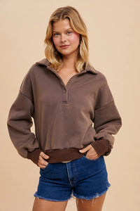 Women's Quarter Button Collared Solid Cropped Sweatshirt in Dusted Mocha