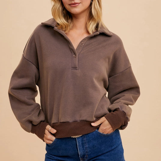 Women's Quarter Button Collared Solid Cropped Sweatshirt in Dusted Mocha