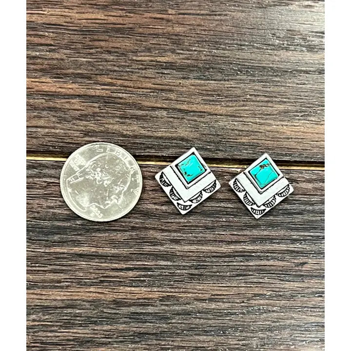 Square Turquoise Stamped Stud Earrings