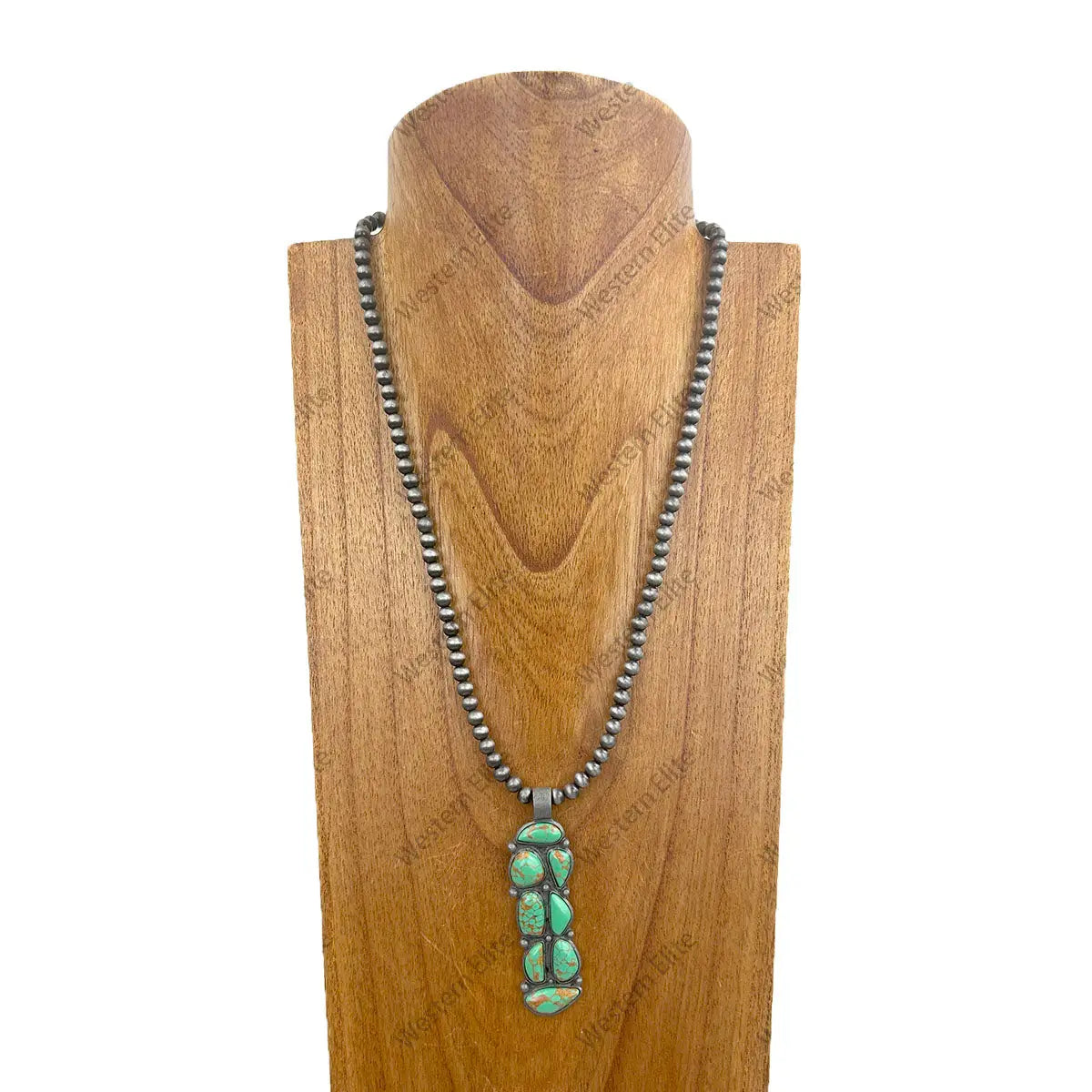 22" Navajo Inspired Pearl Necklace with Green Stone Pendant
