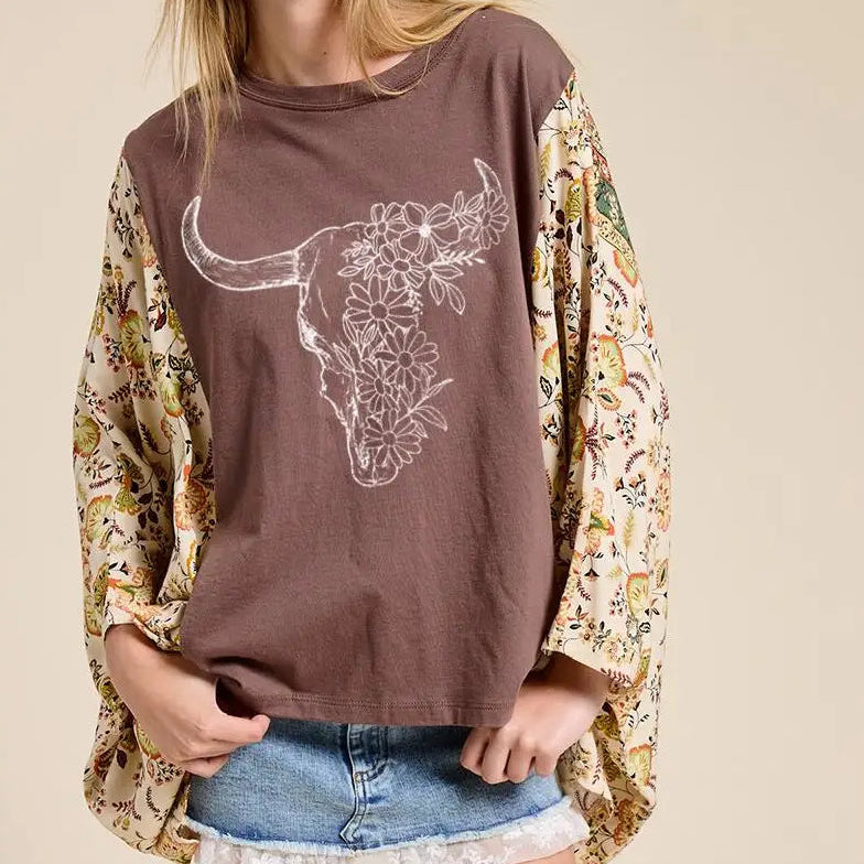 Women's Steerhead Western Graphic Kaftan Sleeve Top