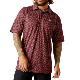 Ariat Men's All Over Floral Diamond Polo in Dark Redwood