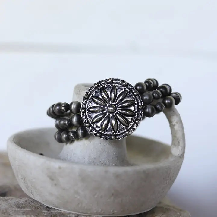 3 Strand Navajo Inspired Pearl with Round Concho Stretch Bracelet (Available in Two Finishes)