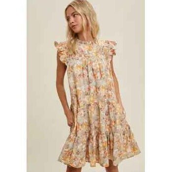 Women's Ruffle Sleeve Floral Tiered Mini Dress in Sage & Citrus