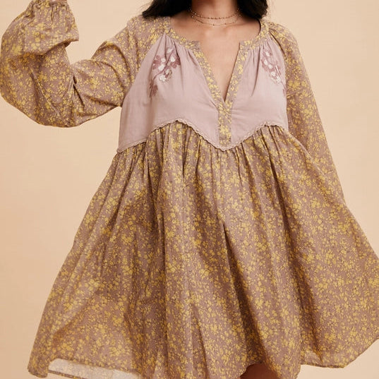 Women's L/S Embroidered Floral Babydoll Dress in Fawn