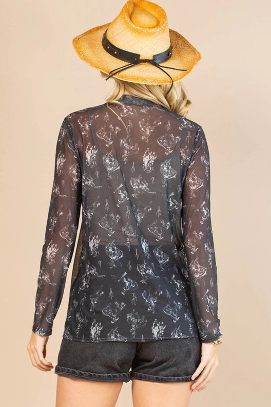 Women's Bucking Horses Semi-Sheer Mesh Long Sleeve Mock Neck Shirt