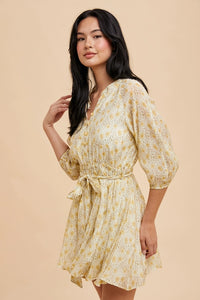 Women's Button Front Floral Flare Mini Dress in Buttercup Yellow