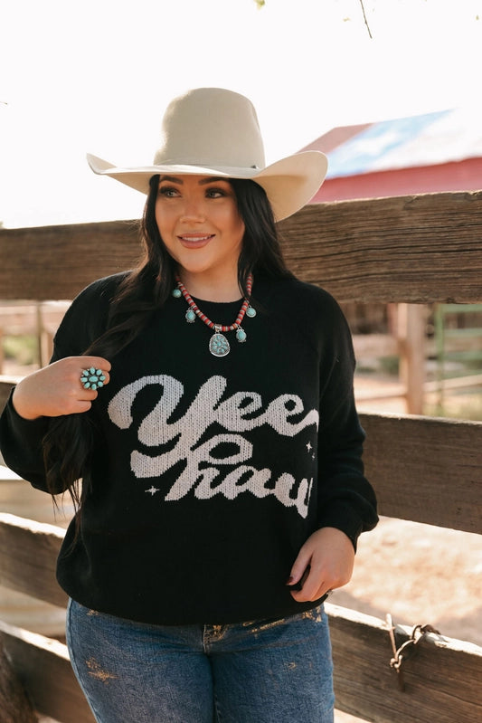 Women's "Yeehaw" Wordy Contrast Sweater in Black