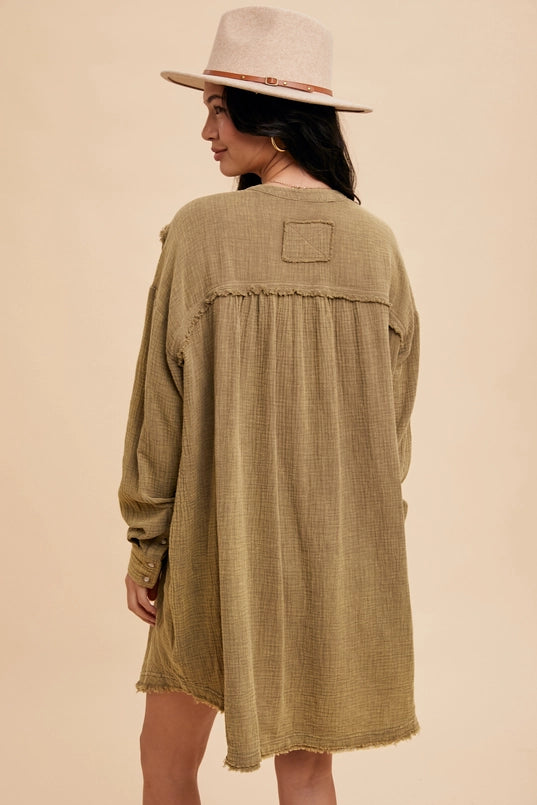 Women's Cotton Muslin Shirt Dress in Olive Green