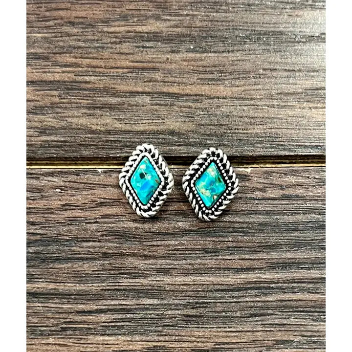 10mm Diamond Turquoise and Matrix Stud Earrings